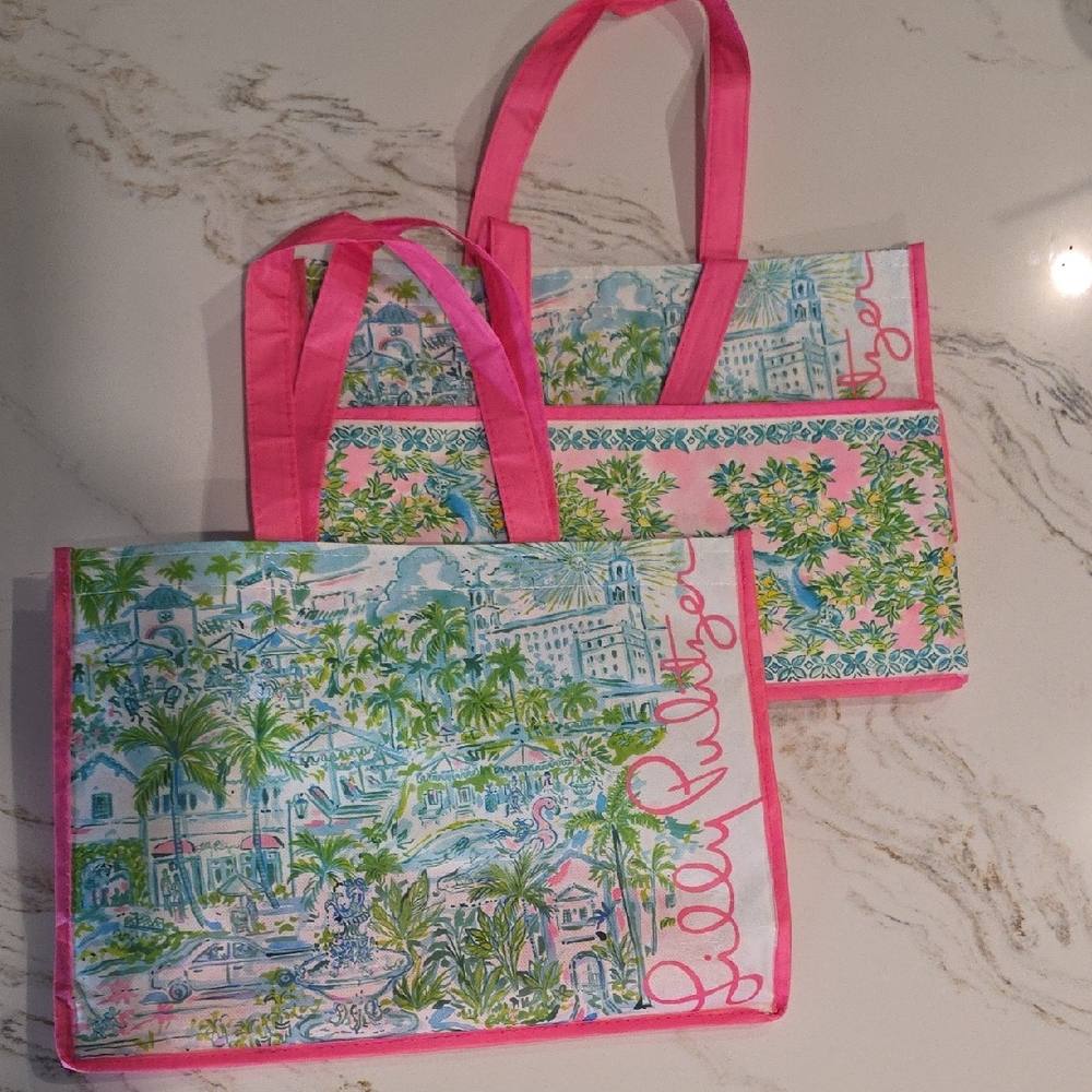 2 Lilly Pulitzer Pink and Blue Tropical Shopping Totes